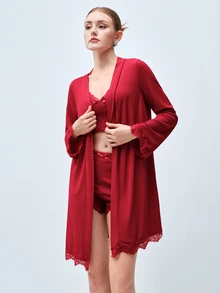 Softvol Women's Ribbed Knit Lace Trim Lingerie Sleepwear Set, Long Sleeve Wrap Robe + Bow V-Neck Camisole + Elastic Shorts, Seductive Romantic Nightwear - Burgundy - View 4