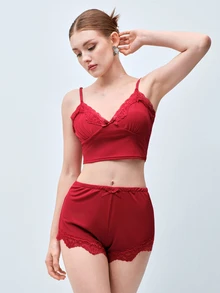 Softvol Women's Ribbed Knit Lace Trim Lingerie Sleepwear Set, Long Sleeve Wrap Robe + Bow V-Neck Camisole + Elastic Shorts, Seductive Romantic Nightwear - Burgundy - View 8