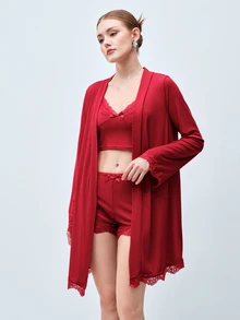 Softvol Women's Ribbed Knit Lace Trim Lingerie Sleepwear Set, Long Sleeve Wrap Robe + Bow V-Neck Camisole + Elastic Shorts, Seductive Romantic Nightwear - Burgundy - View 2