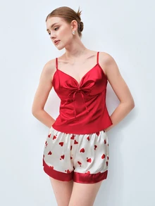 Softvol 女士纯色系带吊带背心和心形印花短裤性感睡衣套装，圣诞节礼物 - 紅白色 - 查看 4