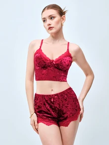 Softvol 2件組女款V領純色睡衣套裝，包含蕾絲飾邊V領背心上衣與蝴蝶結裝飾短褲，舒適柔軟居家睡衣套裝，美學風格 - 酒紅色 - 查看 6