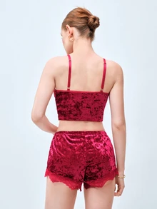 Softvol 2件組女款V領純色睡衣套裝，包含蕾絲飾邊V領背心上衣與蝴蝶結裝飾短褲，舒適柔軟居家睡衣套裝，美學風格 - 酒紅色 - 查看 3