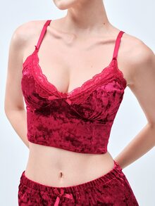 Softvol 2件組女款V領純色睡衣套裝，包含蕾絲飾邊V領背心上衣與蝴蝶結裝飾短褲，舒適柔軟居家睡衣套裝，美學風格 - 酒紅色 - 查看 7