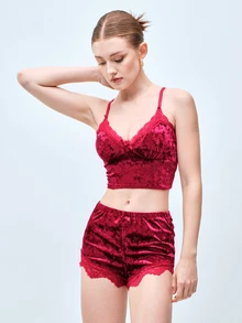 Softvol 2件組女款V領純色睡衣套裝，包含蕾絲飾邊V領背心上衣與蝴蝶結裝飾短褲，舒適柔軟居家睡衣套裝，美學風格 - 酒紅色 - 查看 5