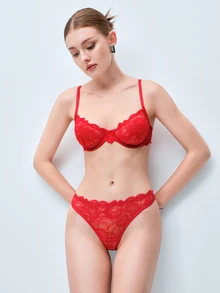 Softvol 1pc Women Solid Color Lace Wireless Bra Set - Red - View 4