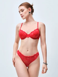 Softvol 1pc Women Solid Color Lace Wireless Bra Set - Red - View 6