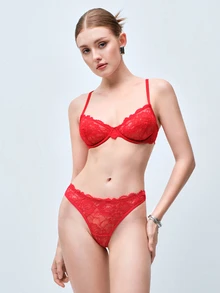 Softvol 1pc Women Solid Color Lace Wireless Bra Set - Red - View 1