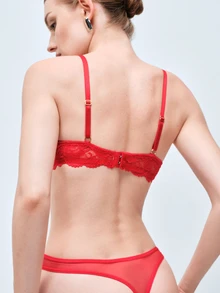 Softvol 1pc Women Solid Color Lace Wireless Bra Set - Red - View 2