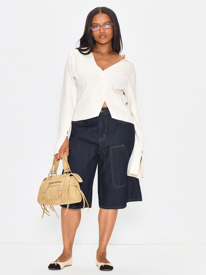 MUSERA Plus Size White Long Sleeve Asymmetric Button Detail Top Winter Fall Going Out Womens Outfit