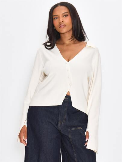 MUSERA Plus Size White Long Sleeve Asymmetric Button Detail Top Winter Fall Going Out Womens Outfit