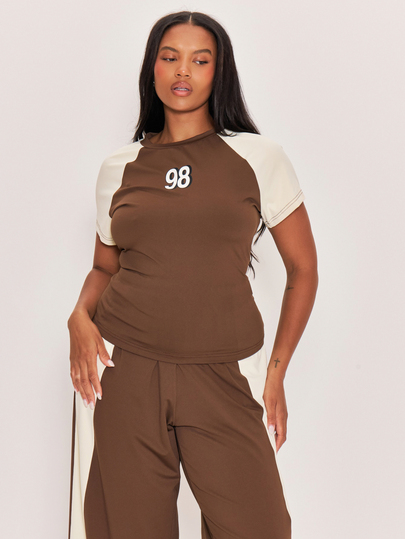 MUSERA Top Gráfico Castanho com Contraste de Cor, Casual para o Dia a Dia e Saídas, Inverno e Outono, Weekdaze