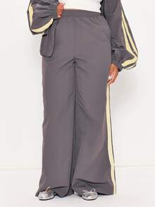 MUSERA Grey Shell Stripe Straight Leg Trousers Winter Autumn Everyday Casual Going Out Weekdaze - Multicolor - View 3