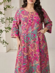 Veilorie Plus Size Women's All-Over Print Round Neck Casual Daily Summer Travel Dress Fall - Multicolor - View 3