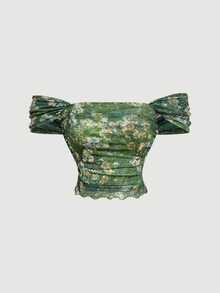Skyraze 复古绿色油画植物印花网纱两件套，露肩、美人鱼式、不对称下摆设计——完美适用于度假、约会、野餐、派对、舞会和节日庆典 - 綠色 - 查看 5