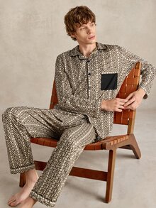 EverLounge Men's Vintage Geometric Pattern Print, Contrast Pocket Classic Lapel Casual Loungewear Set - Apricot - View 1