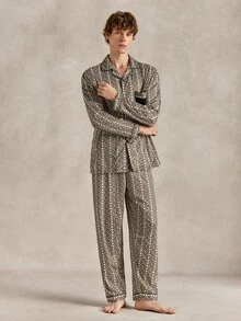 EverLounge Men's Vintage Geometric Pattern Print, Contrast Pocket Classic Lapel Casual Loungewear Set - Apricot - View 5