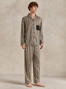 EverLounge Men's Vintage Geometric Pattern Print, Contrast Pocket Classic Lapel Casual Loungewear Set - Apricot - View 4