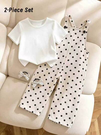 Elladie kids Little Girls Polka Dot Overalls Set, Tee + Wide‑Leg Polka Dot Overalls, Sweet Casual, For Daily, Outdoor, School, Gatherings