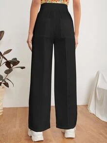 SHEIN PETITE Solid Dual Pocket Tailored Trousers - Black - View 2