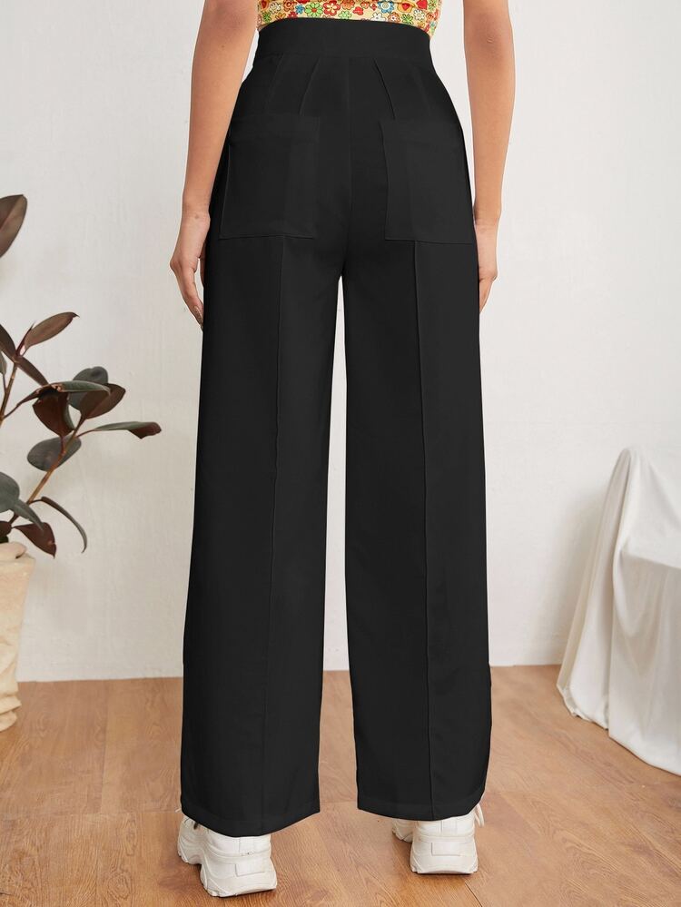 SHEIN PETITE Zipper Solid Dual Pocket Tailored Black Pants In Fall/Winter ,Petite Women - Black - View 2