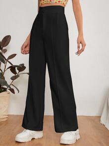 SHEIN PETITE Solid Dual Pocket Tailored Trousers - Black - View 6