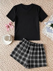 青少年女孩休閒寬鬆極簡風圓領短袖短褲家居服，適合春夏穿著 - 彩色 - 查看 5