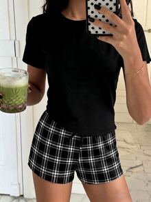 青少年女孩休閒寬鬆極簡風圓領短袖短褲家居服，適合春夏穿著 - 彩色 - 查看 2