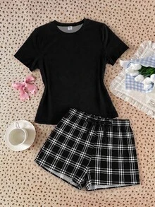 青少年女孩休閒寬鬆極簡風圓領短袖短褲家居服，適合春夏穿著 - 彩色 - 查看 3