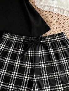 青少年女孩休閒寬鬆極簡風圓領短袖短褲家居服，適合春夏穿著 - 彩色 - 查看 4