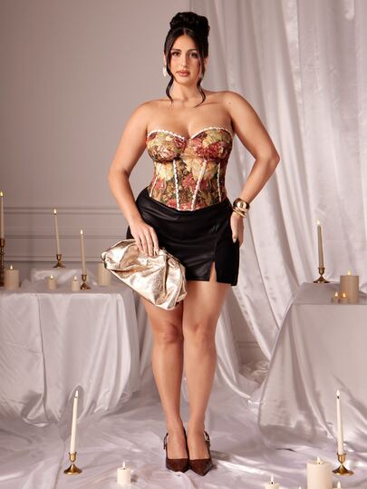 SHEIN BAE CURVE Plus Size Women'sWomen Jacquard Strapless Corset Top Elegant Boned Bustier Design For All Seasons