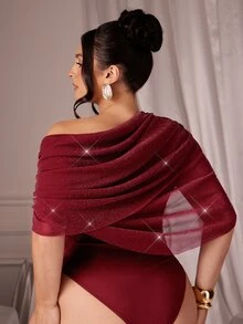 SHEIN BAE CURVE 大尺碼女款不對稱領褶皺設計酒紅金銀色金屬感優雅連身衣 - 酒紅色 - 查看 5