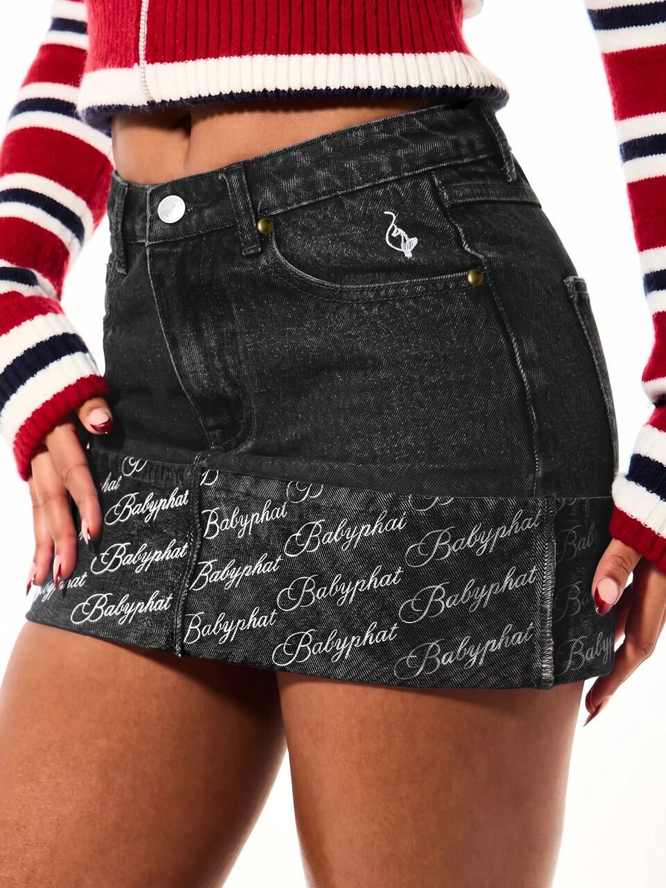 BABYPHAT Mini Denim Skirt With Embroidered Logo Foldover Hem And Allover Script Print Detail