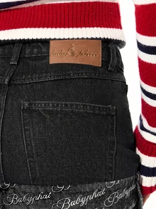 BABYPHAT Mini Denim Skirt With Embroidered Logo Foldover Hem And Allover Script Print Detail - Black - View 6