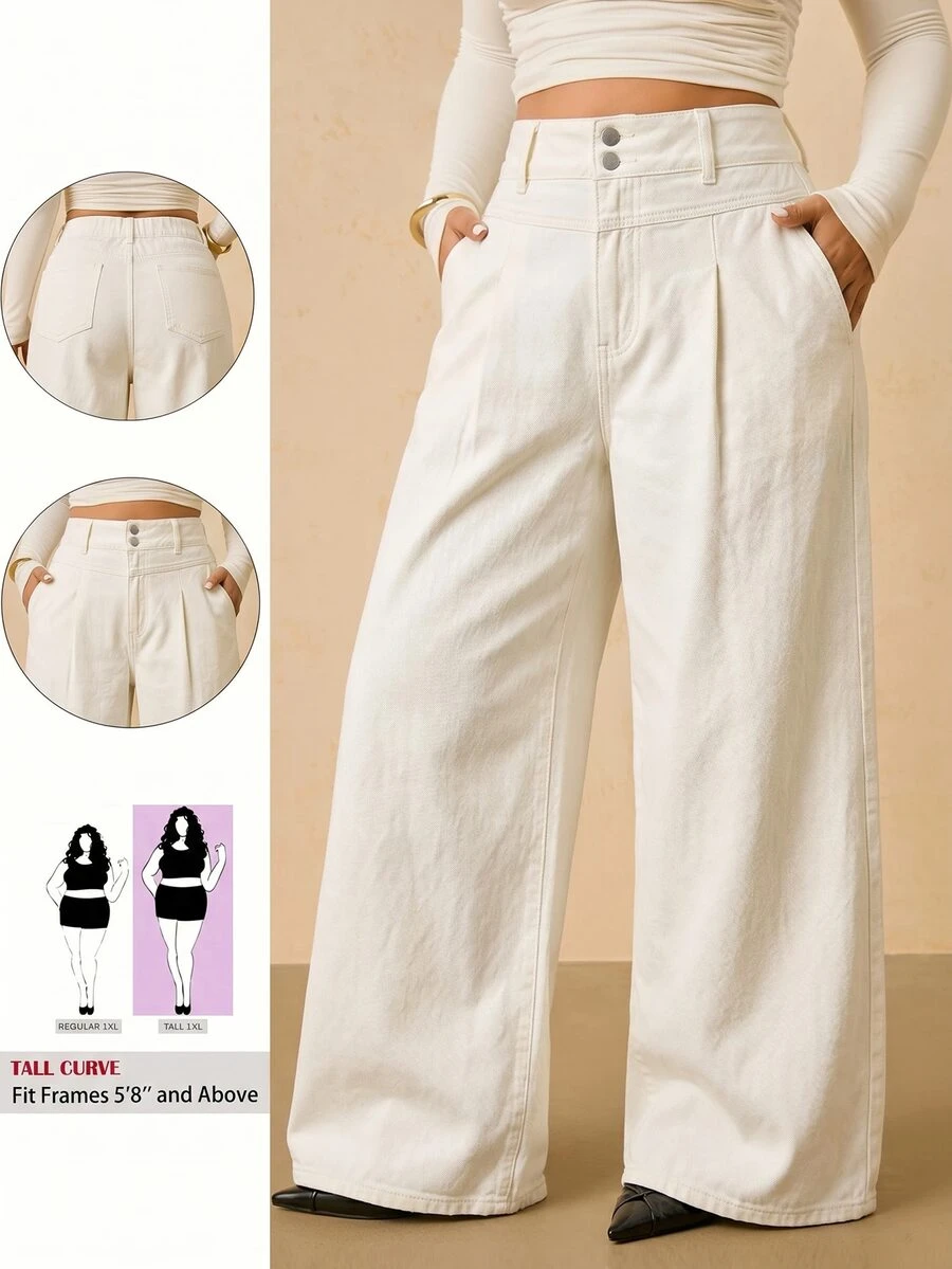 SHEIN Tall CURVE 大码女式高腰双扣白色阔腿牛仔裤,休闲夏季优雅商务日常穿搭;大码女式纯色口袋拉链纽扣宽松牛仔裤,夏季款 - 白色 - 查看 1