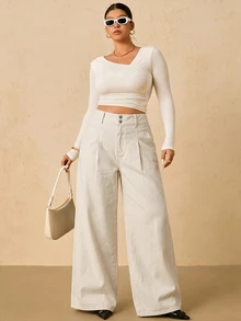 SHEIN Tall CURVE 大码女式高腰双扣白色阔腿牛仔裤，休闲夏季优雅商务日常穿搭；大码女式纯色口袋拉链纽扣宽松牛仔裤，夏季款 - 白色 - 查看 6