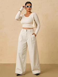 SHEIN Tall CURVE 大码女式高腰双扣白色阔腿牛仔裤，休闲夏季优雅商务日常穿搭；大码女式纯色口袋拉链纽扣宽松牛仔裤，夏季款 - 白色 - 查看 5