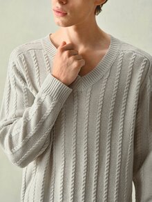 RONVEXI 男士秋冬休閒百搭素色針織衫 - 淺灰色 - 查看 1