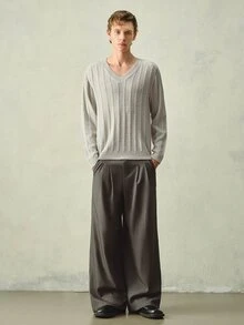 RONVEXI 男士秋冬休閒百搭素色針織衫 - 淺灰色 - 查看 6