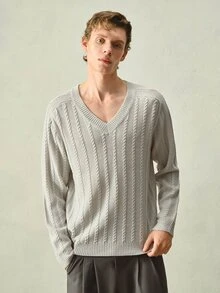 RONVEXI 男士秋冬休閒百搭素色針織衫 - 淺灰色 - 查看 3