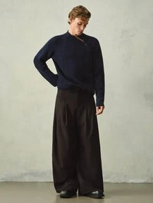 RONVEXI 男士純色前開鈕扣針織衫 - 寶藍色 - 查看 2