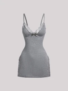 Hourtrue 3pcs Gaun Tidur Camisole Tanpa Lengan dengan Belahan Samping, Motif Renda dan Pita Warna Polos - MultiWarna - View 6
