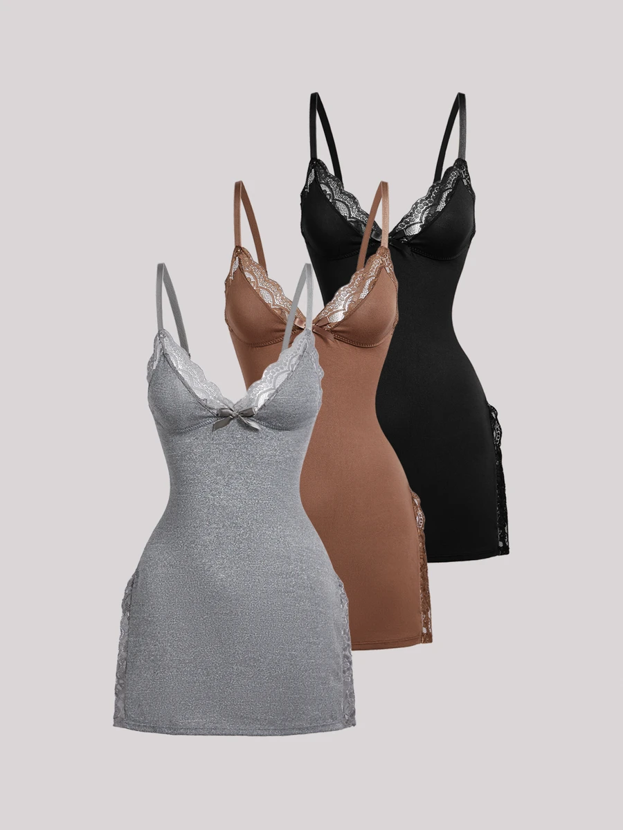 Hourtrue 3pcs Gaun Tidur Camisole Tanpa Lengan dengan Belahan Samping, Motif Renda dan Pita Warna Polos