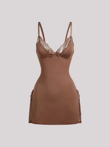 Hourtrue 3pcs Gaun Tidur Camisole Tanpa Lengan dengan Belahan Samping, Motif Renda dan Pita Warna Polos - MultiWarna - View 5