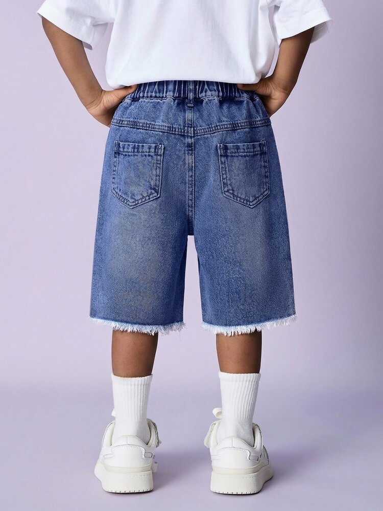 Tween Boy Fashion Casual Vintage Cool Street Cut Out Ripped Frayed Blue Comfortable Holey Denim Shorts For Daily-Wear And Spring To Summer Rave Festival And Streetwear - Dark Wash - View 2