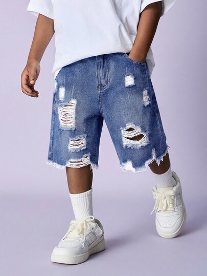 Tween Boy Fashion Casual Vintage Cool Street Cut Out Ripped Frayed Blue Comfortable Holey Denim Shorts For Daily-Wear And Spring To Summer Rave Festival And Streetwear
