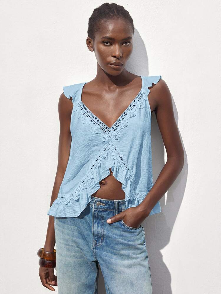 Maija Women's Solid Color Contrast Lace Ruffle Hem Loose Tank Top,Summer Top Golf Pastal Sexy - Blue - View 6