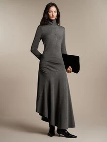 Anewsta Essential Autumn/Winter Elegant Commuter Knit High Neck Asymmetrical Dark Gray Dress - Grey - View 5