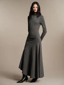 Anewsta Essential Autumn/Winter Elegant Commuter Knit High Neck Asymmetrical Dark Gray Dress - Grey - View 4