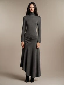 Anewsta Essential Autumn/Winter Elegant Commuter Knit High Neck Asymmetrical Dark Gray Dress - Grey - View 3