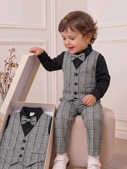 SHEIN Young Boys Gentleman Suit Set,Black Long Sleeve Shirt,Gray Plaid Vest,Trousers With Necktie,Traditional Wedding,Comfortable Soft Fabric Outfit